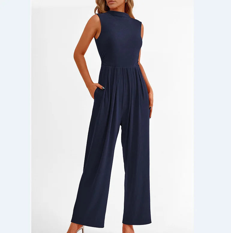 Women Jumpsuits One Piece O Neck Sleeveless Rompers Overalls Solid Wide Leg Pants Pockets High Waist Ankle Length Basics 2025 Aviola