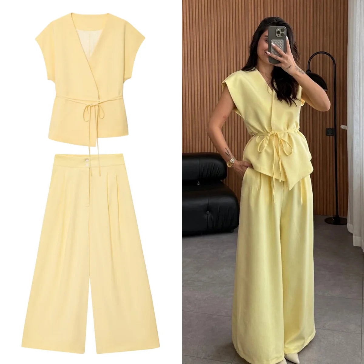 UNIZERA 2025 New Arrivals Women's Wear Elegant V-neck Sleeveless Lace-up Vest Jacket + High-waisted Casual Wide-leg Pants Set Aviola