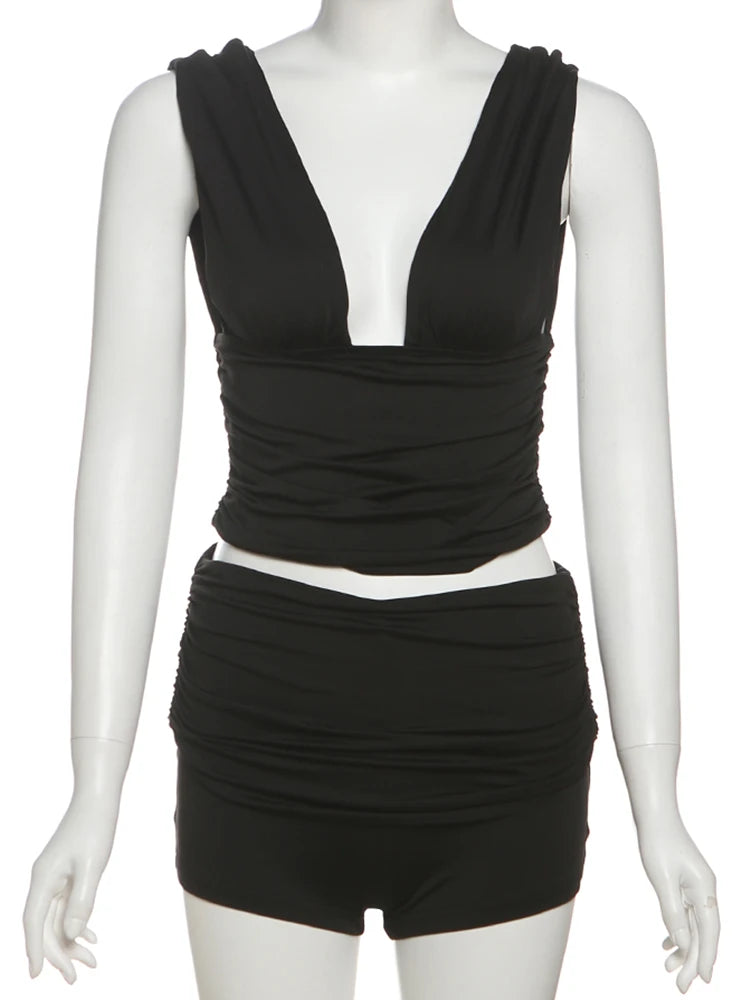 Nibber Folds Sexy 2-Piece Set Women Deep v-Neck Backless Sleeveless Vests+Mini Shorts High Elasticity Classic Matching Suits Aviola