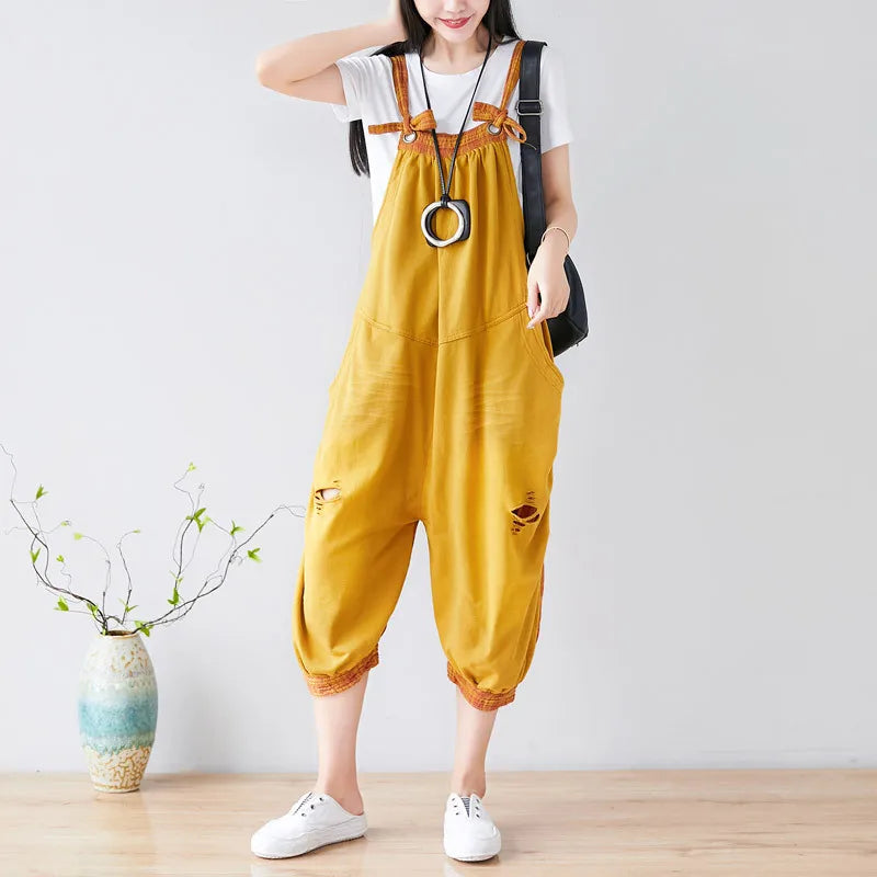 Jumpsuits Women Denim One Piece Suspenders Mom Jeans Overalls Hole Wide Leg Long Pants High Waist Work Y2k Streetwear Rompers Aviola