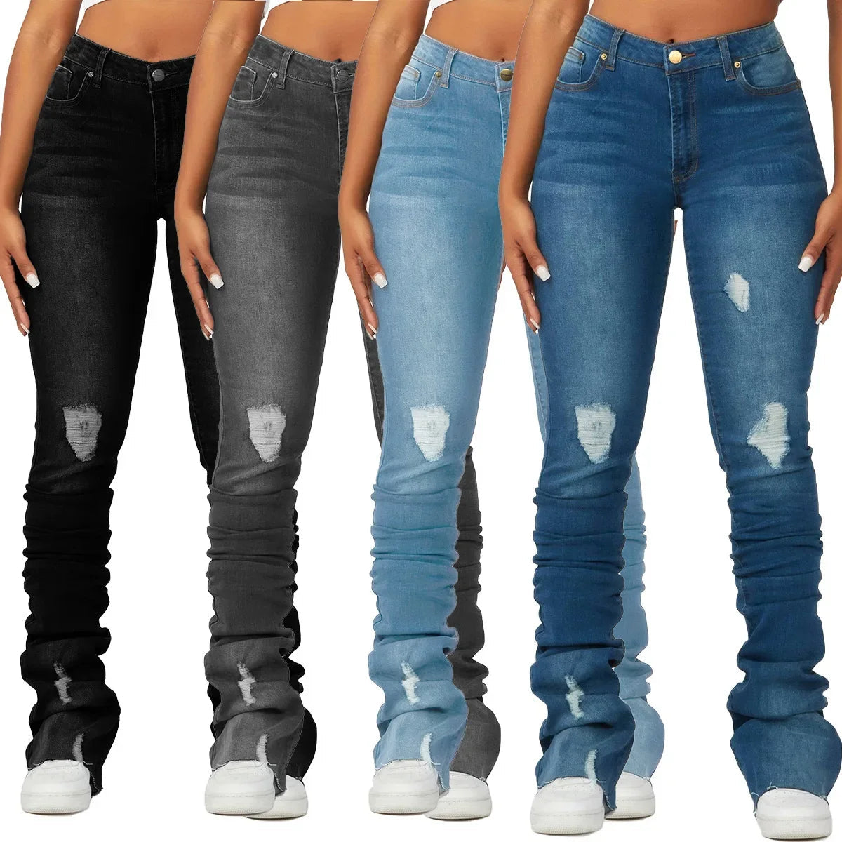 Washed Denim Straight Pants Women Ankle Length Jean Ripped Hole Distressed Pockets Solid Casual Skinny Vintage High Waist Aviola
