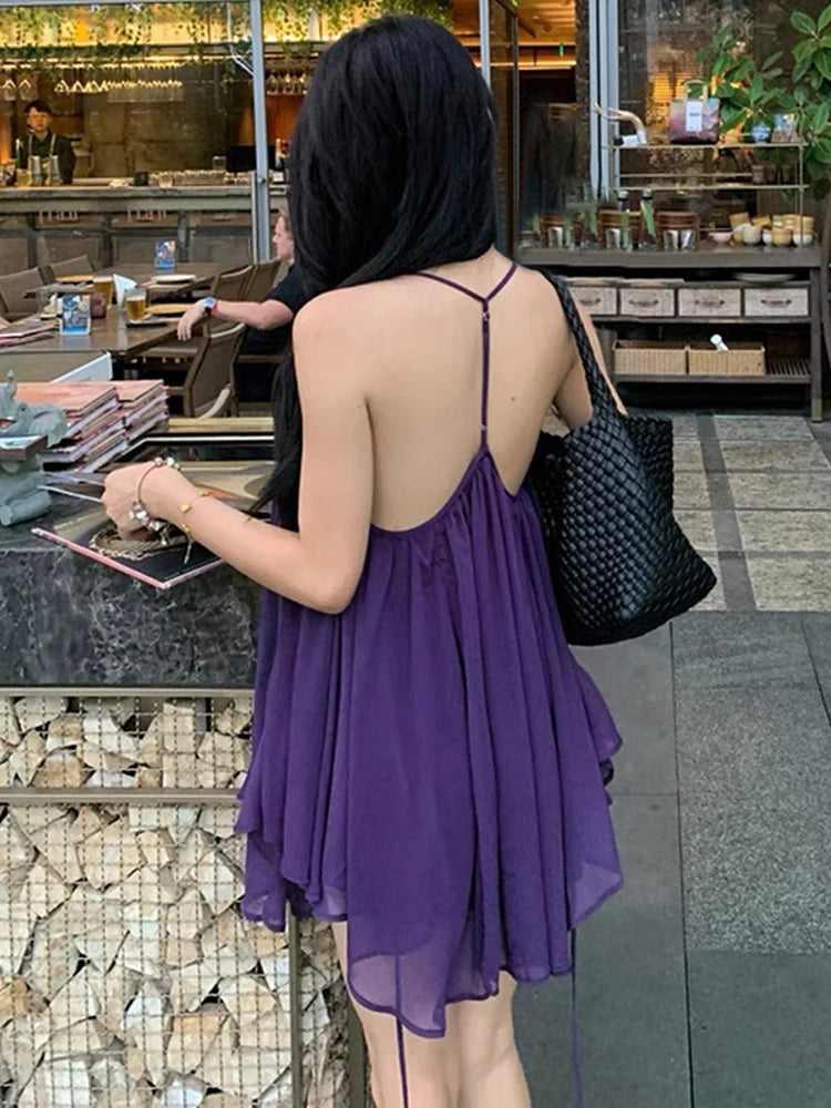 Nibber Backless Dress Women Low-Neck Folds Sleeveless Mesh Solid Summer Fashion Beach Party Vacation Simple Sexy Mini Bodycon Aviola