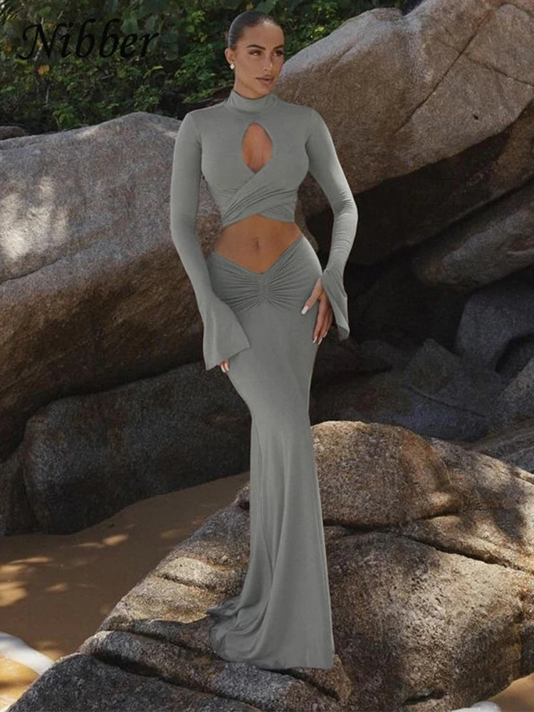 Nibber Elegant Fall 2 Piece Set Women Hollow Cross Bandage Full Sleeve Crop Tops+Ruched Maxi Bodycon Skinny Trend Matching Suits Aviola