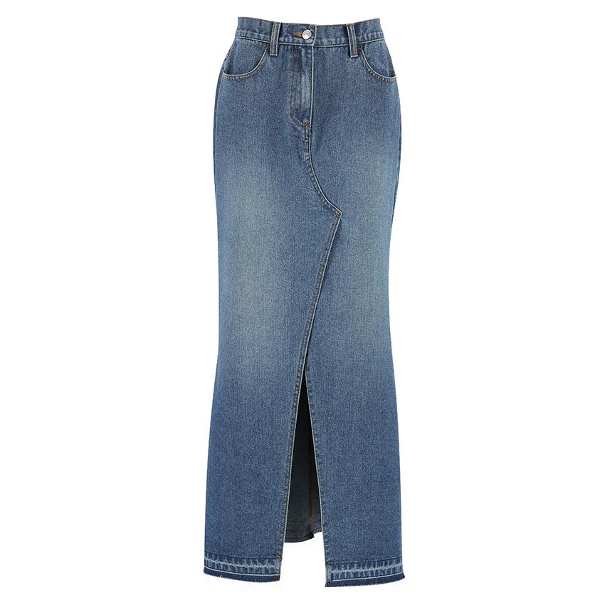 Denim Long Skirt Women Split Skirts Stretch High Waist Pockets Washed Distressed Mom Jeans 2025 Summer Streetwear Vintage A Line Aviola