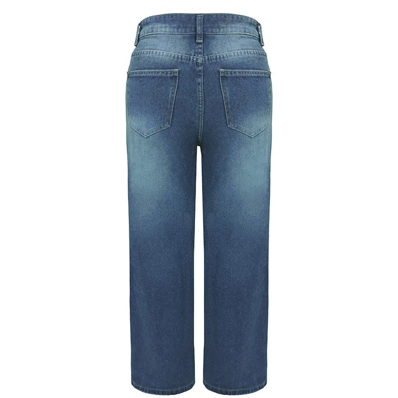Women Jeans Solid Color Straight Pants Zipper Fly Flat Pockets Streetwear Loose Fit Mid Waist Patchwork Button Autumn 2023 Aviola