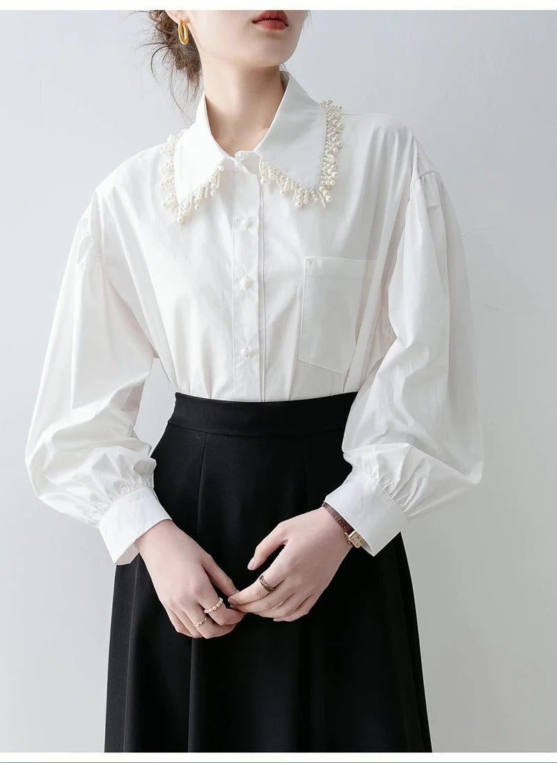 MEXZT Elegant White Shirts Women Fashion Beading Patchwork Blouses Office Ladies Korean Long Sleeve Pocket Design Casual Tops Aviola