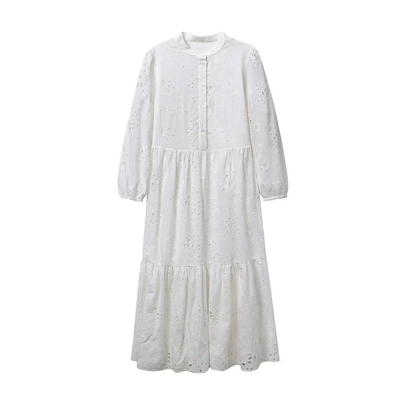 RARF  vestido elegante de encaje bordado para mujer, vestido blanco de empalme, Floral, ahuecado, suelto, informal, para fiesta Aviola