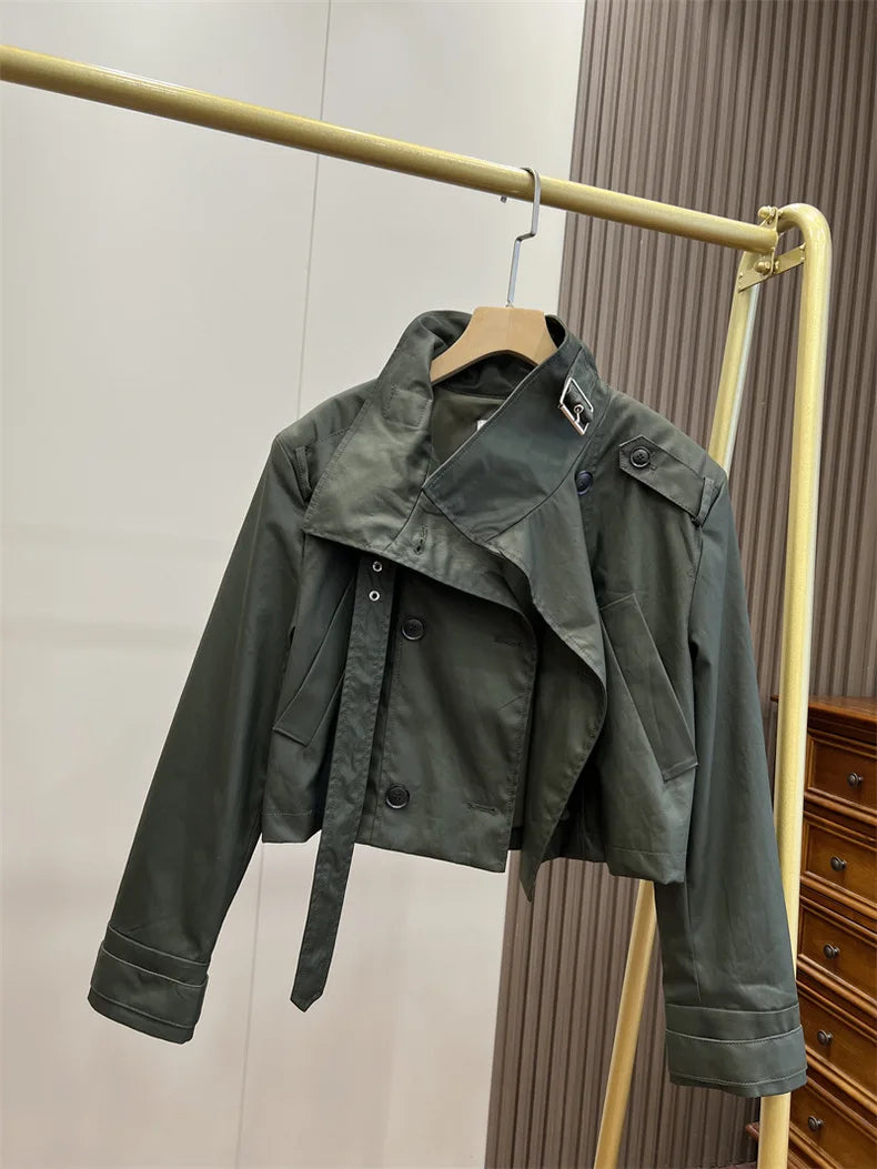 RARF 2024 autumn new women's fashion pocket double breasted waxed leather short trench coat women's top coat Aviola