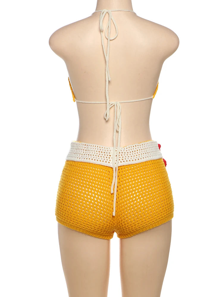 Nibber Party 2 Piece Set Women Swimsuit Applique Y2K Chic Bra Tops+Lapel Shorts Vacation Midnight Club Crochet Beach Outfits Aviola
