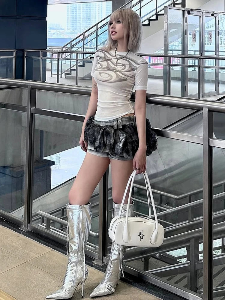 Nibber Print See Through t-Shirt Women o-Neck High Elasticity Skinny Sexy Summer Simple Street Classic Versatile Leisure Tops Aviola