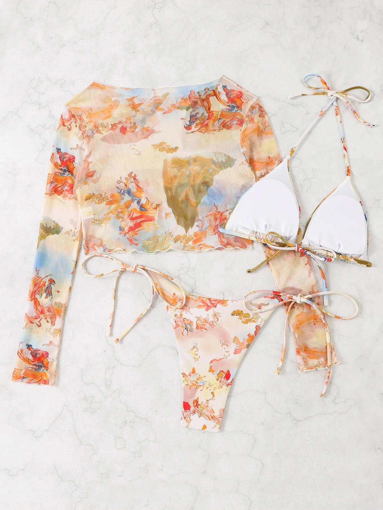 2025 New Sexy Bikini Three-piece Set Women Thong Print Swimsuit Low Waist Summer Mesh Blouse Swimming Pool Bikini Set Brazil Set Aviola