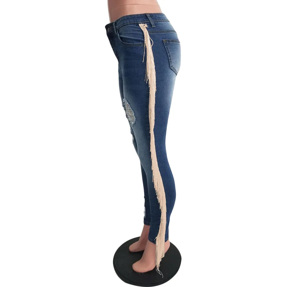 Denim Pants Women Mom Jeans Hole Long Pants Tassel High Waist Straight Trousers Y2k Bodycon Slim Fit Splice Streetwear 2025 Aviola