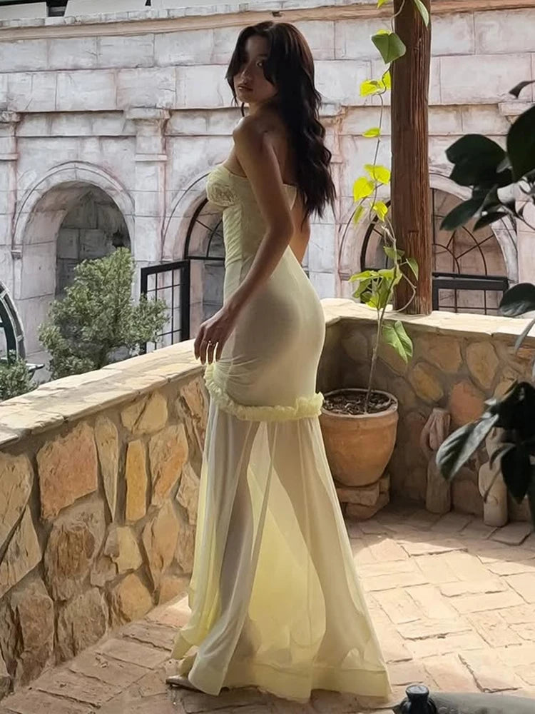 Nibber Sexy Patchwork Mesh Maxi Fishtail Dress Women Ruffles Hollow Bandage Elegant Temperament Vacation Birthday Party Vestidos Aviola