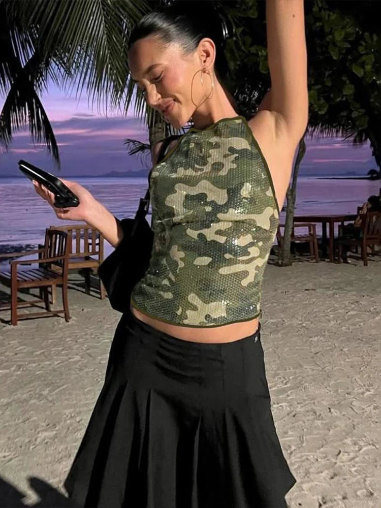 Nibber Camouflage Print Sequins Camisole Women Halter Lace-Up Backless Sleeveless Sexy Street Midnight Daily Summer Trend Tops Aviola