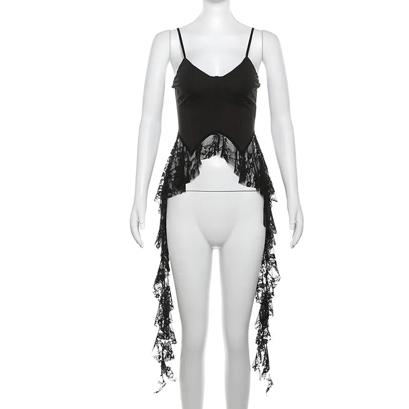 MEXZT Y2K Irregular White Tank Top Women Sexy Lace Ruffles Backless Black Corset Summer Gyaru Streetwear Grunge Bandage Camis Aviola