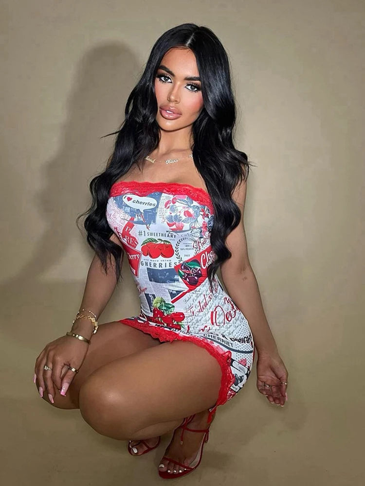 Nibber Lace Cherry Print Women Dress Birthday Party Y2K Sexy Sleeveless Summer  Split Tight Stretch Midnight Clubwear Bodycon Aviola