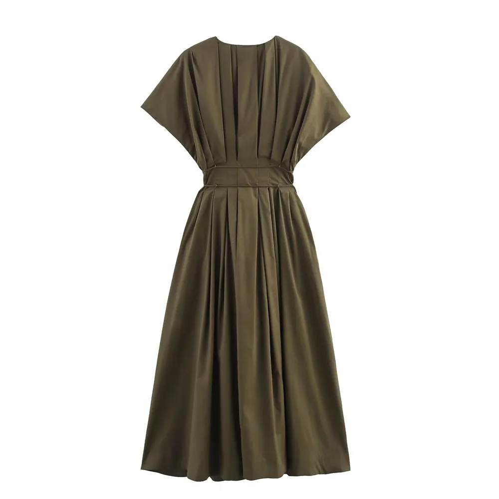 BM&MD&ZA2025Deep V-neck Pleated Shoulder Sleeve Loose A-line Dress Summer New Arrivals Women's Clothing Aviola