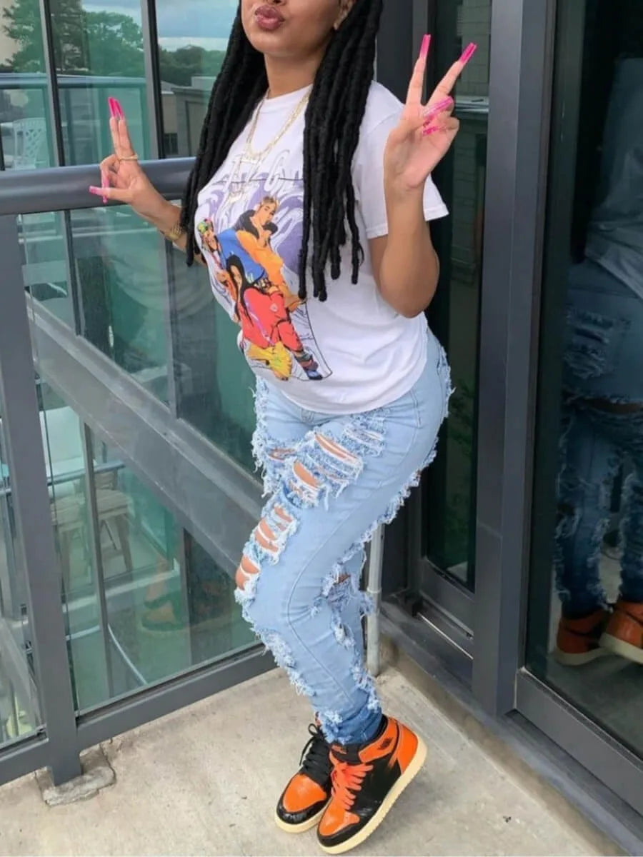 Jeans Ankle Length Women Pencil Denim Hole Pants Ripped Pockets High Waist Jean Skinny Streetwear Button Washed Distressed Aviola