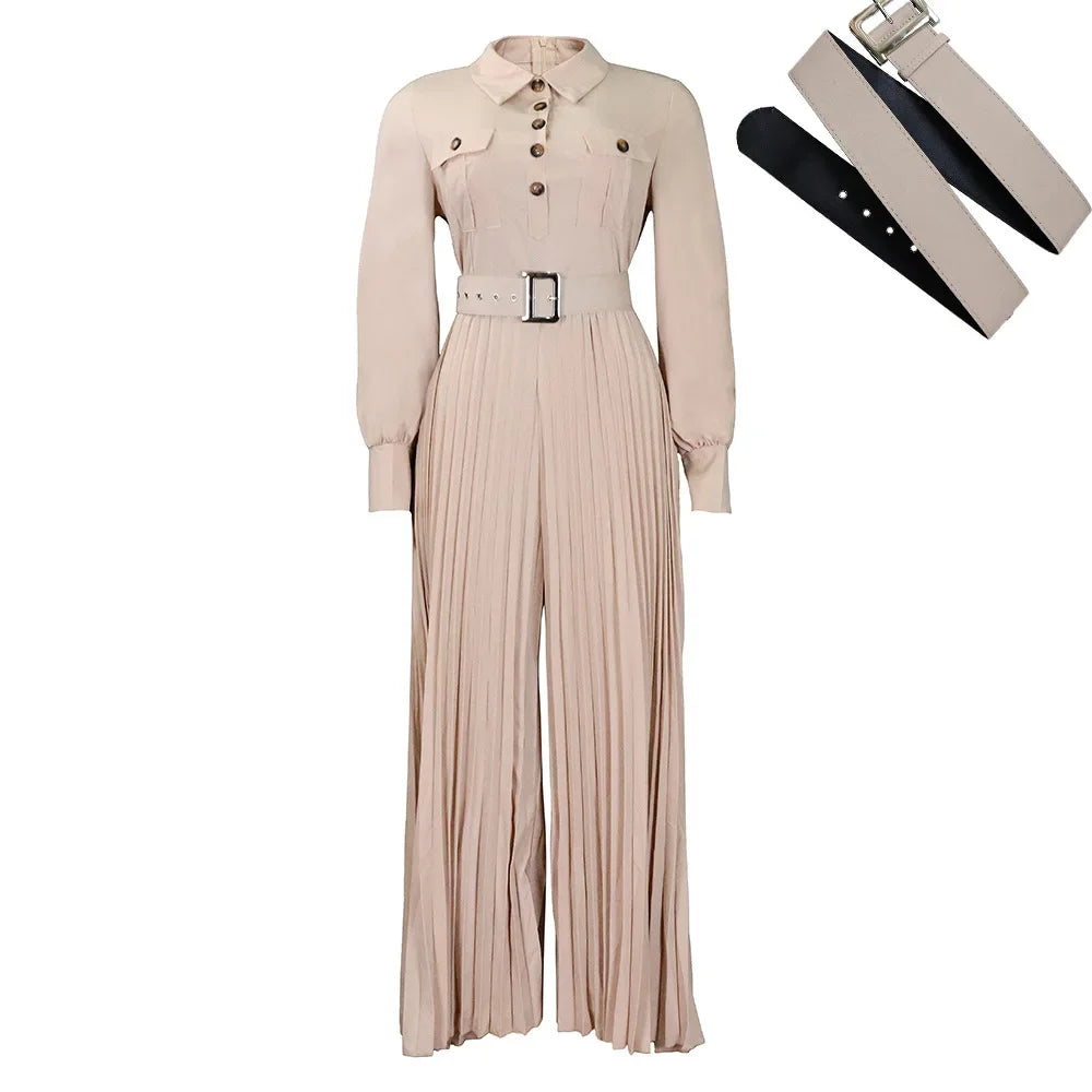pleated Jumpsuits Women Single Breasted Long Sleeve Rompers Overalls Wide Leg Pants Spliced Sashes Slim Fit One Piece Button Aviola
