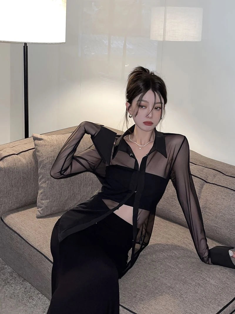 MEXZT Y2K Mesh Sheer Shirts Women Sexy Black See Through Blouses Summer Korean Fashion Aesthetic Long Sleeve Slim Chic Tops New Aviola