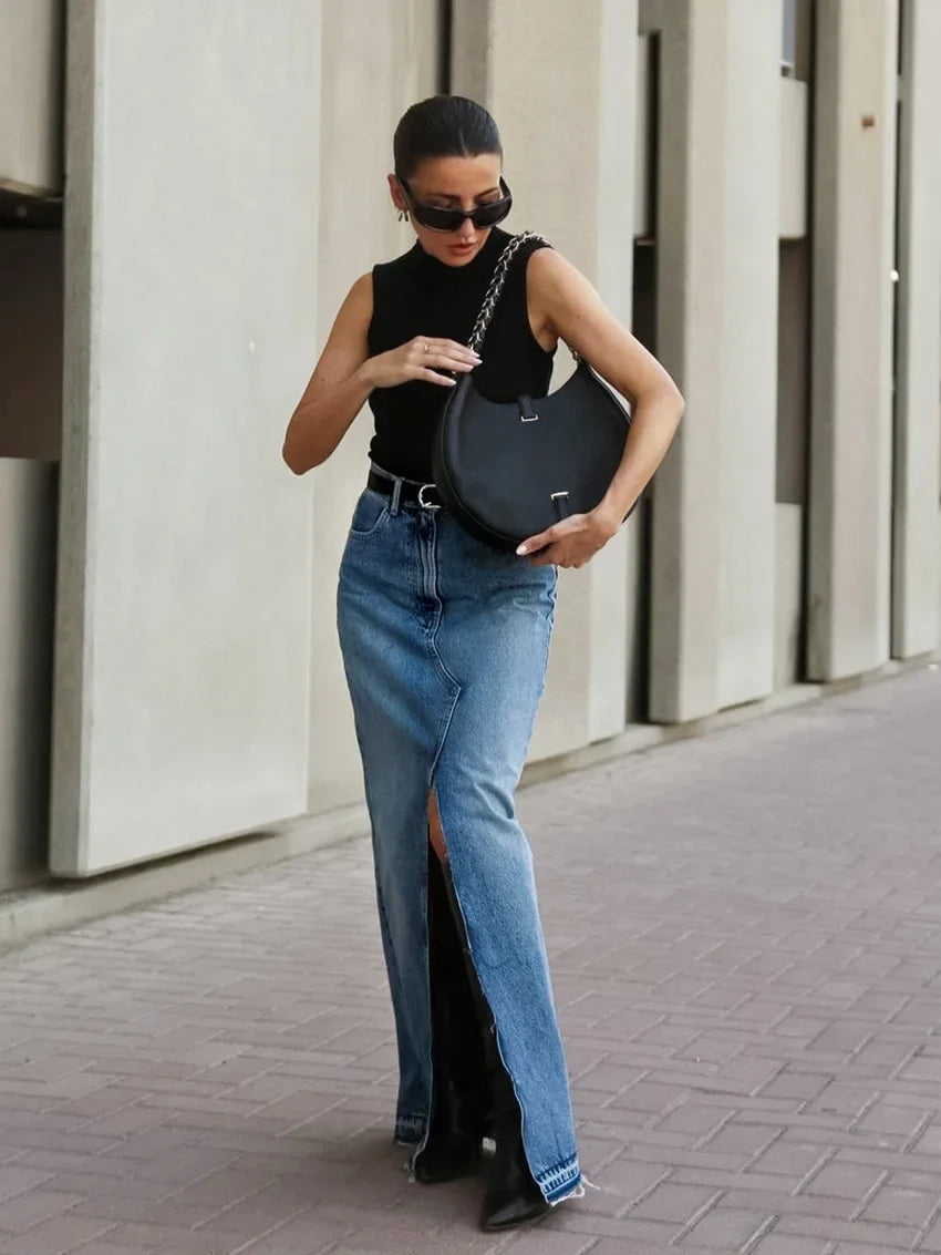 Denim Long Skirt Women Split Skirts Stretch High Waist Pockets Washed Distressed Mom Jeans 2025 Summer Streetwear Vintage A Line Aviola