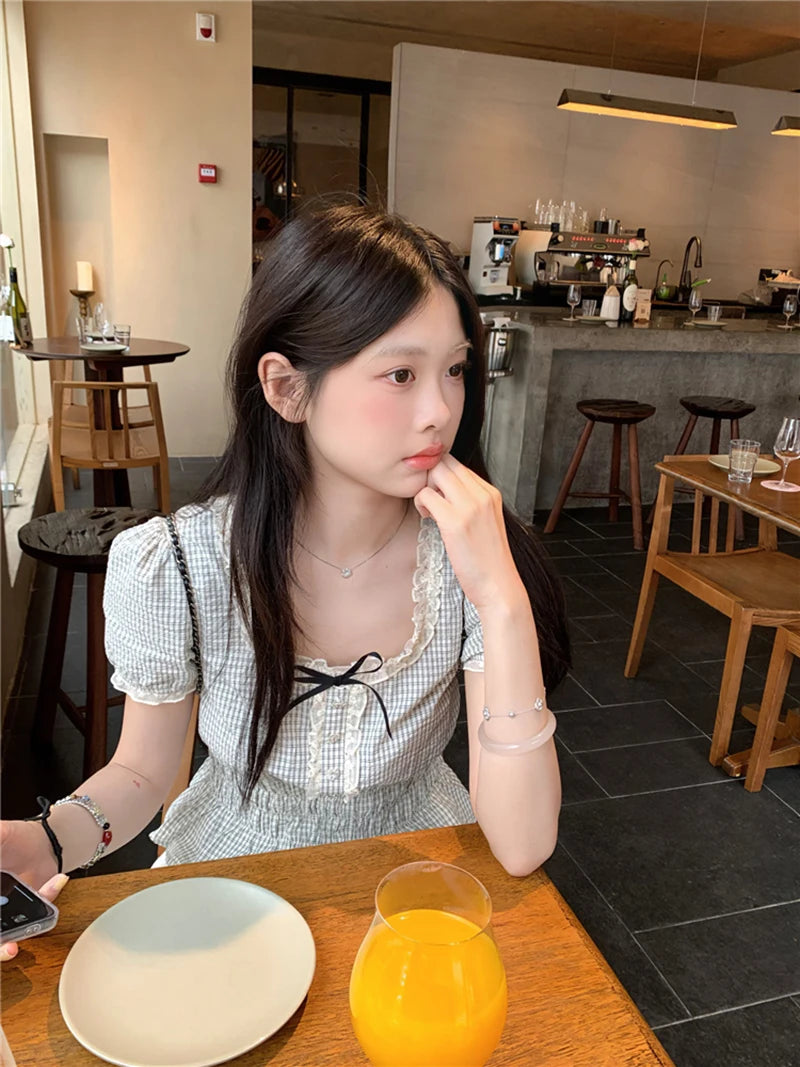 MEXZT Vintage Plaid Shirts Women Japanese Harajuku Bow Lace Patchwork Blouses Summer Kawaii Cute Puff Short Sleeve Casual Tops Aviola