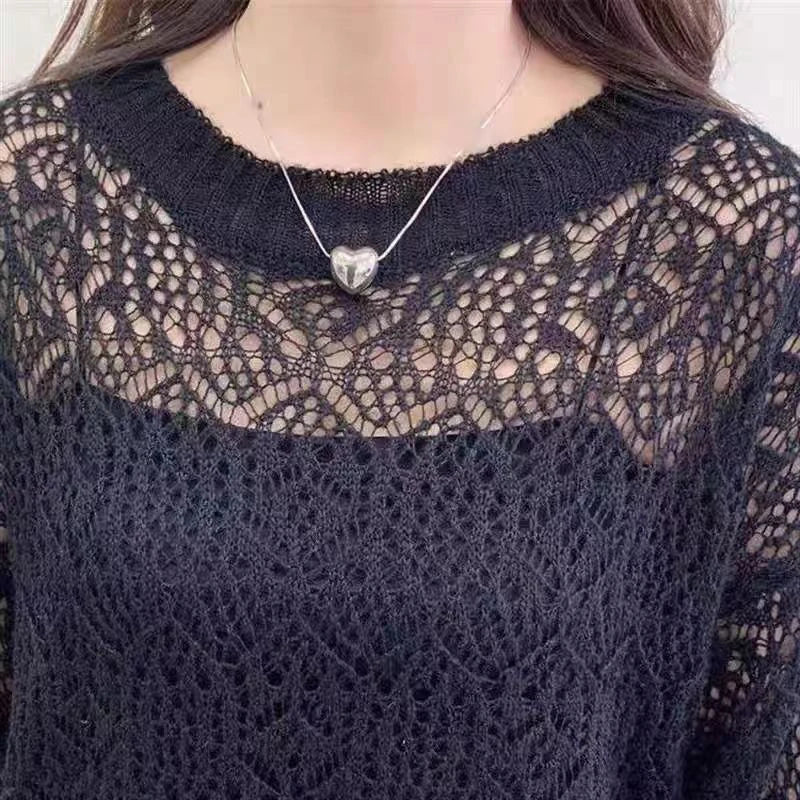 MEXZT Y2K Hollow Out Pullover Sweater Women Sweet Sexy See Through Thin Loose Jumper Korean Oversized Sun Protection Shirt Tops Aviola