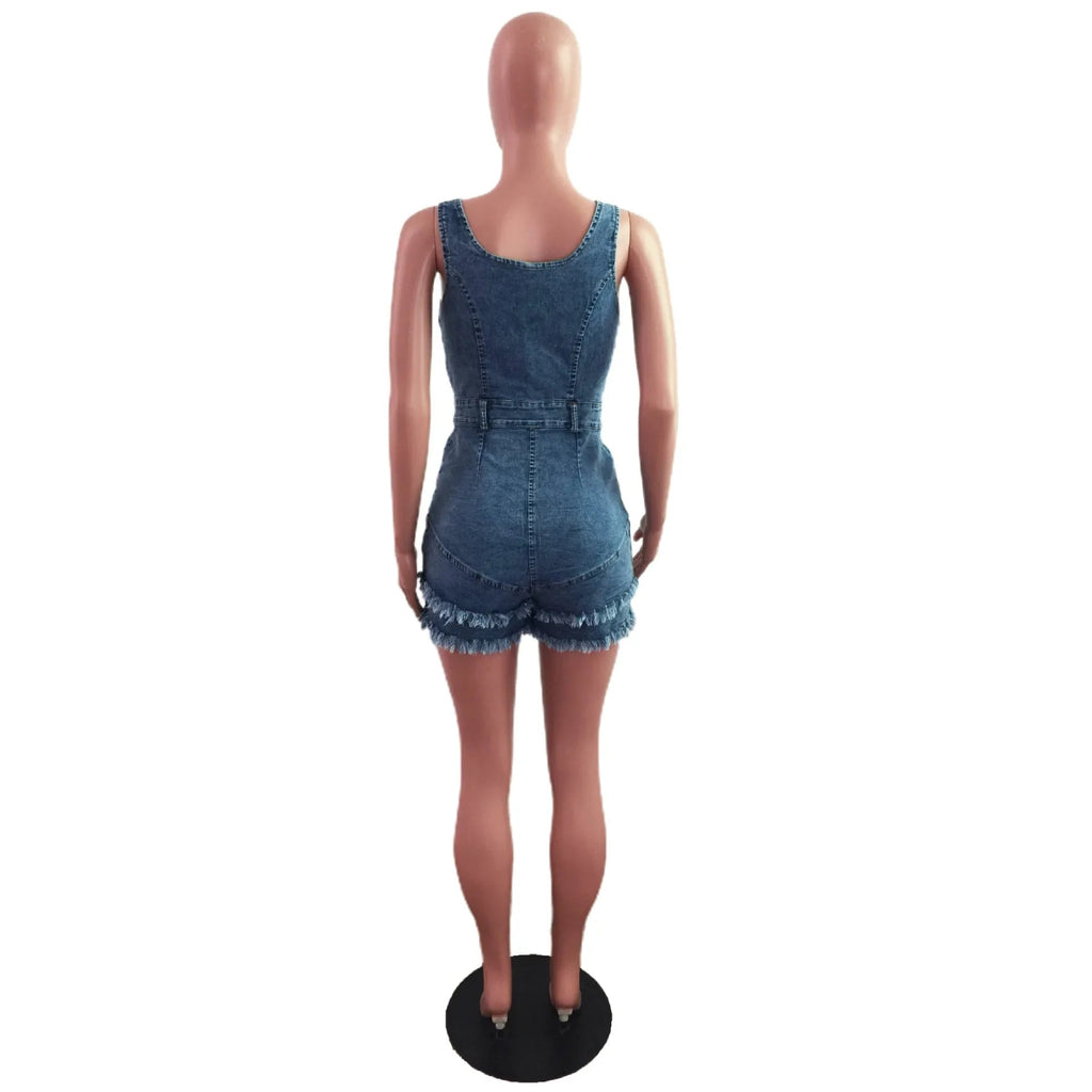Women Denim Rompers Shorts Jeans Overalls High Waist Spliced Washed Jean Tassel Pockets One Piece Casual Skinny Solid 2025 Aviola