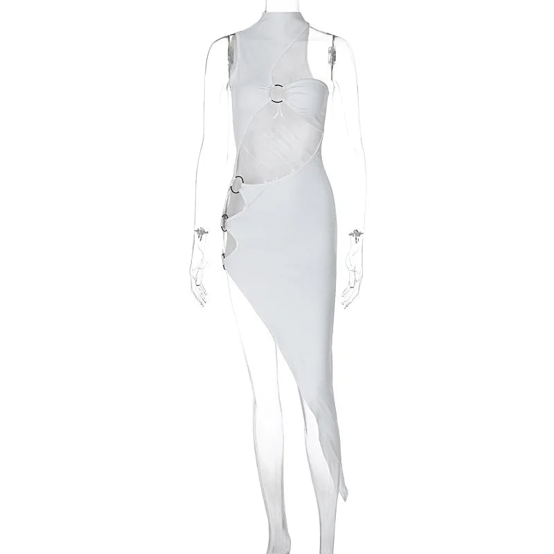 Nibber Rings Patchwork Dress Women Sexy Irregular Hollow Sleeveless Midnight Hottie Club Party Hipster Solid Slits Long Bodycon Aviola