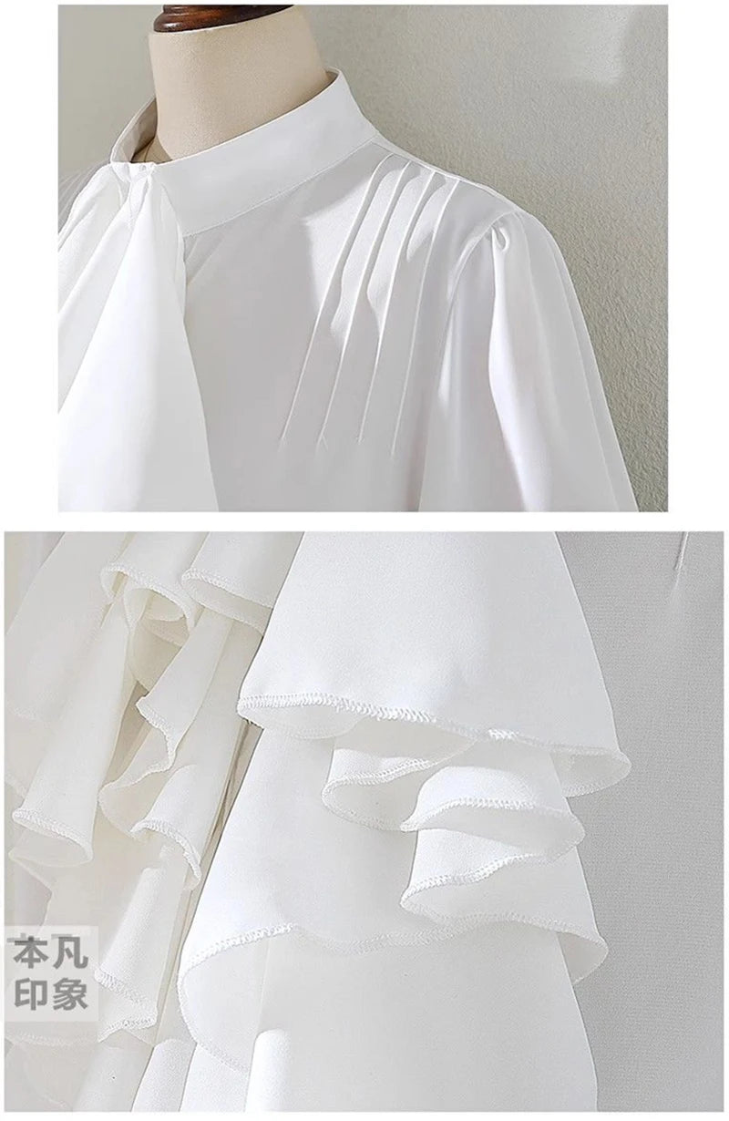 MEXZT Vintage White Shirts Women Elegant Ruffles Flare Long Sleeve Blouses Office Ladies Korean Single Breasted Design Chic Tops Aviola