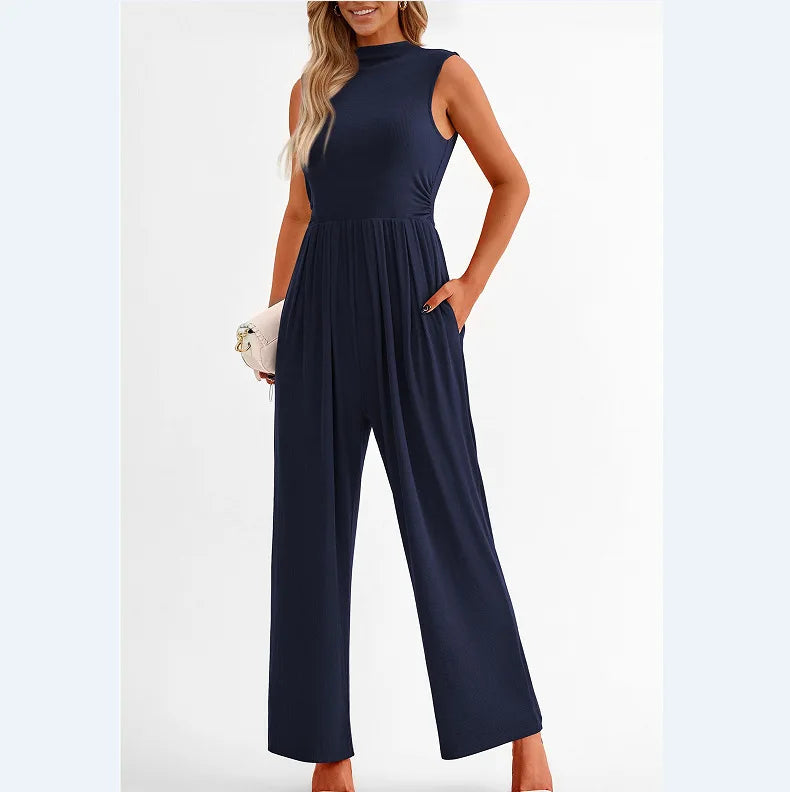 Women Jumpsuits One Piece O Neck Sleeveless Rompers Overalls Solid Wide Leg Pants Pockets High Waist Ankle Length Basics 2025 Aviola