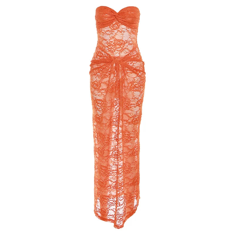 Nibber Lace See-Through Sexy Woman Long Wrap Sleeveless Dress Coquette Ruffles Nightclub Party High Stretch Charming Vestidos Aviola