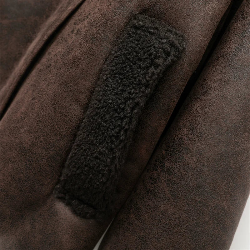RARF 2025 Women's new thick jacket Vintage lapel leather jacket single breasted pocket street warm jacket Aviola