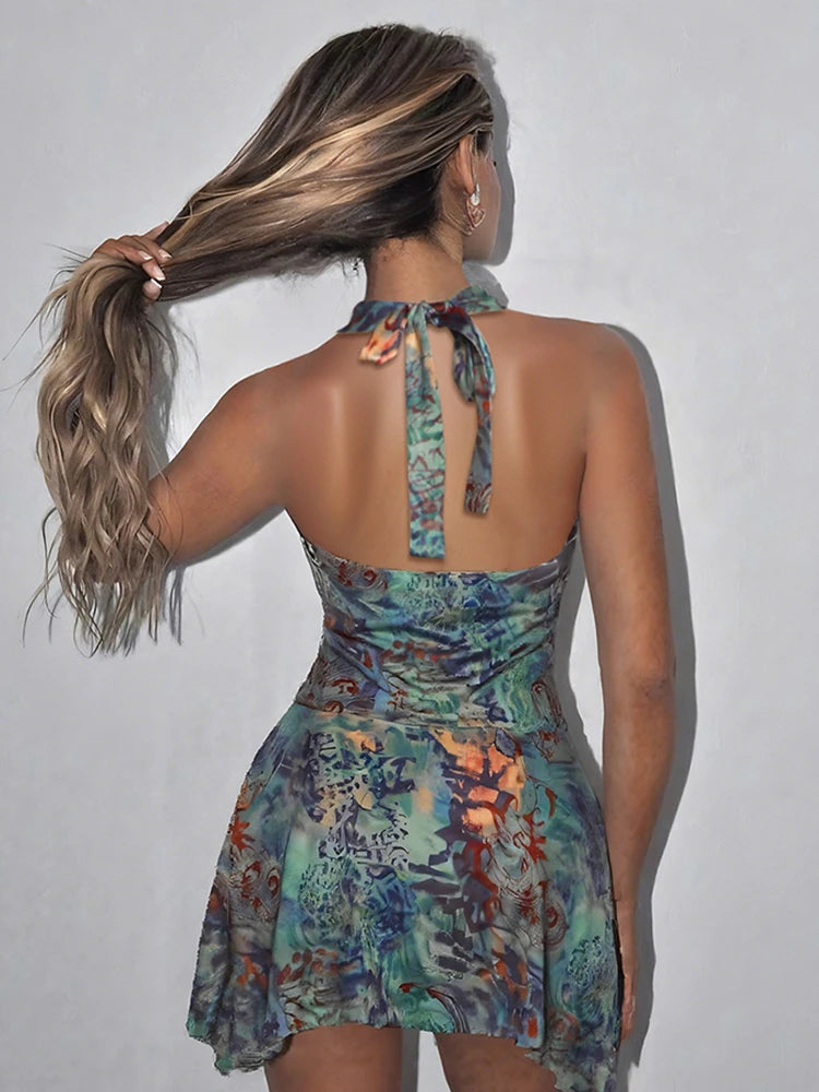 Nibber Vacation Fashion Print Mini Dress Women Halter Deep V-Neck Sexy Backless Ruched Ruffles Hem Trend Beach Party Outfits Aviola