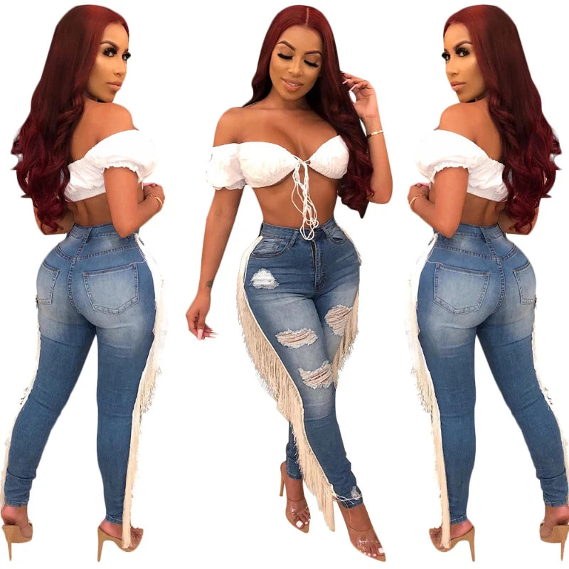 Denim Pants Women Mom Jeans Hole Long Pants Tassel High Waist Straight Trousers Y2k Bodycon Slim Fit Splice Streetwear 2025 Aviola
