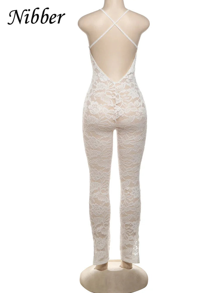 Nibber Summer 2024 Lace Jumpsuit Women Elegant Sexy Cross Backless Deep v-Neck Sleeveless Skinny Stretch Midnight Club Overalls Aviola