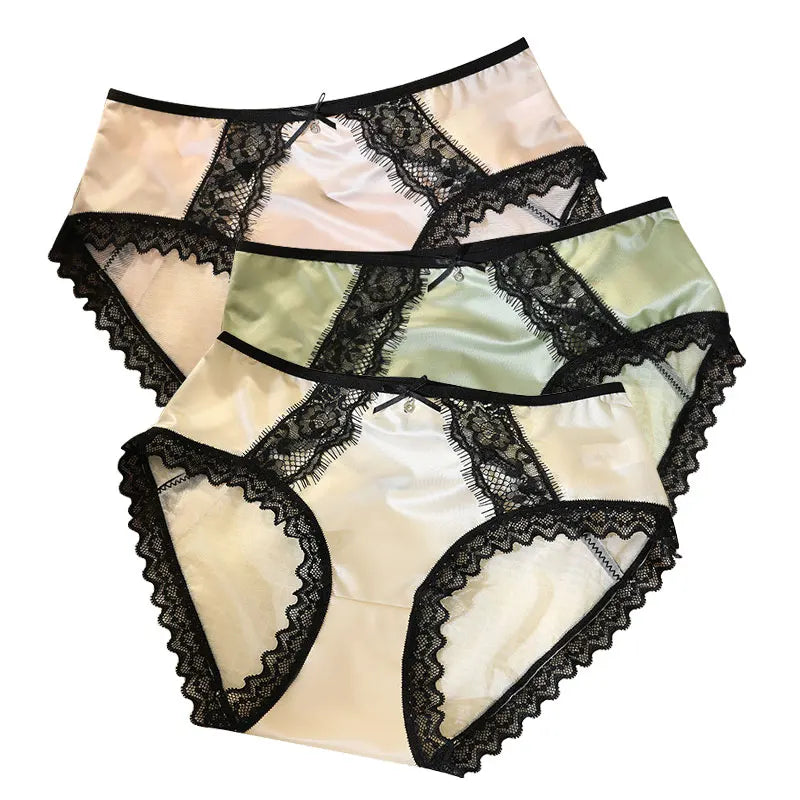 3pcs/Set Women's Panties Exquisite Lace Underwear Silk Satin Sexy Seamless Girls Lingerie Female Briefs Comfort Underpants Aviola