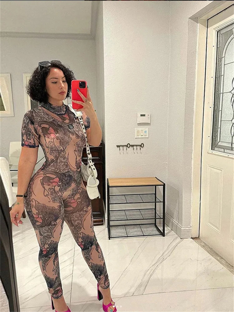 NIBBER Summer Women Round Neck Fashion Printing Short Sleeve Jumpsuit Body Shaper Jumpsuit Street Casual Spice Girl Clothing Aviola