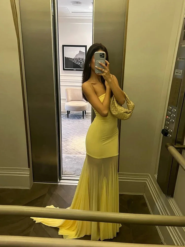 Nibber Patchwork Dress Women See Through Temperament Solid Pleated Strapless Sleeveless Backless Slim Banquet Party Vestidos Aviola