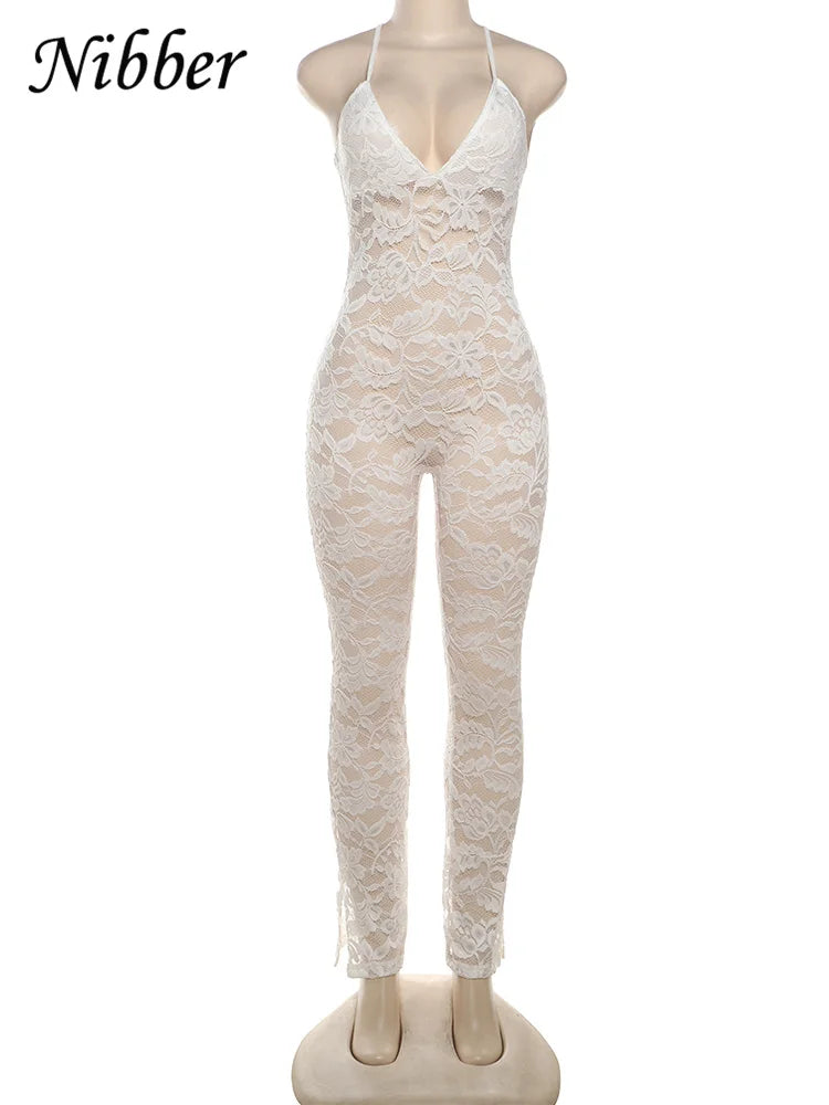 Nibber Summer 2024 Lace Jumpsuit Women Elegant Sexy Cross Backless Deep v-Neck Sleeveless Skinny Stretch Midnight Club Overalls Aviola
