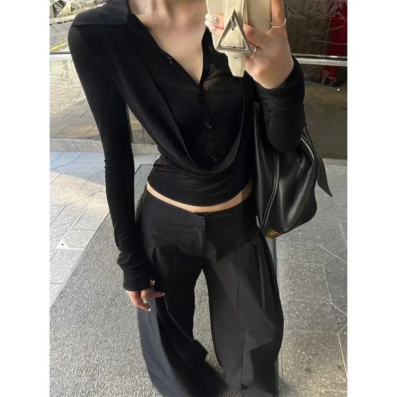 MEXZT Y2K Coquette Black T Shirts Women Sexy Cropped V Neck Sheer Tops Gyaru Aesthetic Korean Fake Two Piece Long Sleeve Tees Aviola
