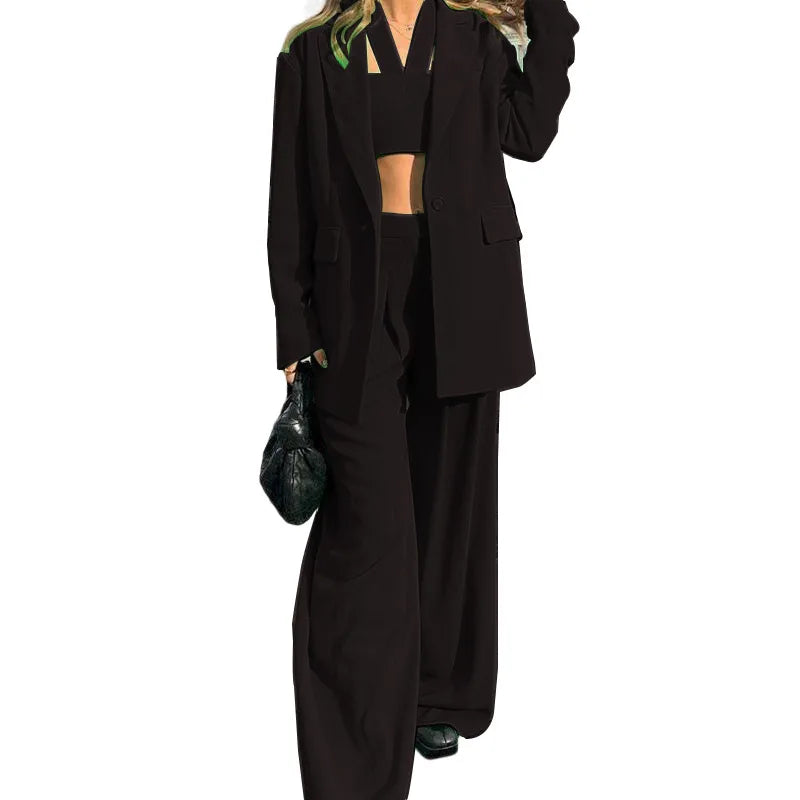 Women Tracksuit Three Pieces Set Turn Down Collar Cardigan Single Button Solid Outerwear Pockets Wide Leg Pants Office Lady Aviola