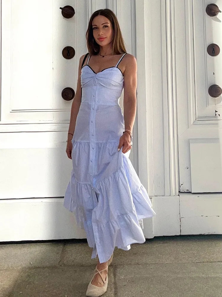 UNIZERA Pleated contrast lace trim striped suspender dress 2025 summer new arrivals women's casual loose midi dress Aviola