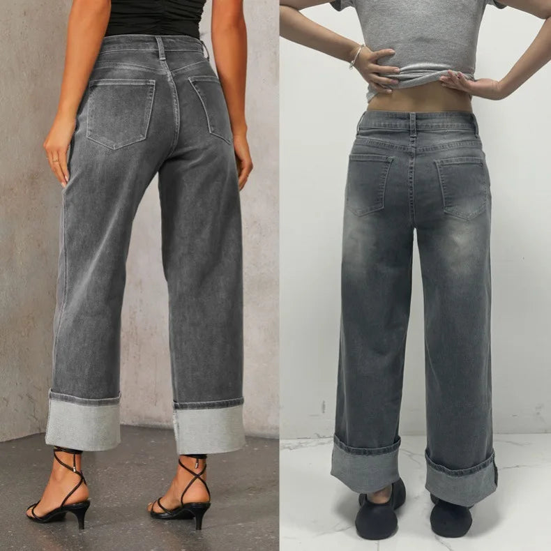 Mom Jeans Women Denim Pant Wide Leg Long Pants Y2k Streetwear High Waist Straight Trousers Elegant Temperament Spring 2025 Aviola