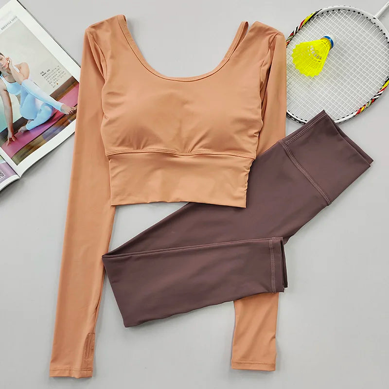 2pcs Women Yoga Set Sport Suit Gymwear Workout Clothes Long Sleeve Gym Crop Top High Waist Leggings Fitness Sports Set Yoga Wear Aviola