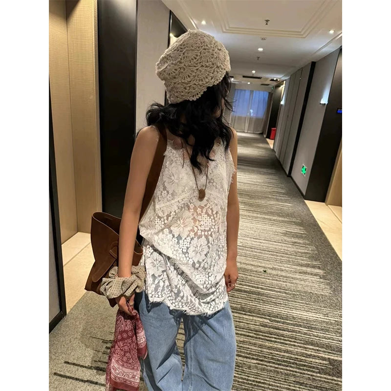 MEXZT Lace Sheer White Tank Top Women Y2K Sexy V Neck Black Camis Fashion Gyaru Streetwear Korean Hollow Out Design Casual Tees Aviola