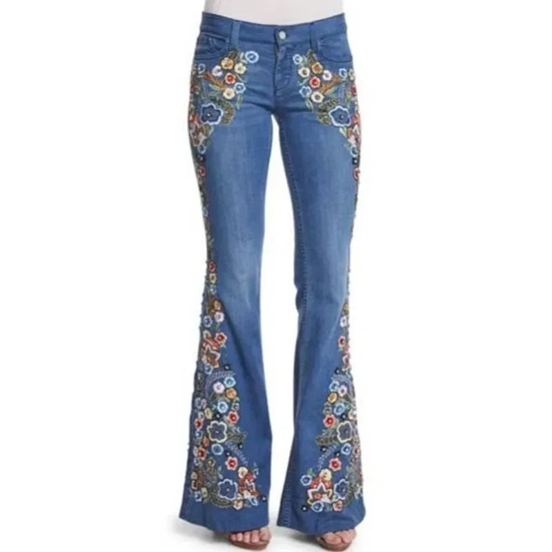 Distressed Flare Jeans Women High Waist Denim Blue Pant Vintage Embroidery Ankle Length Pants Casual Basics 2025 Pockets Loose Aviola