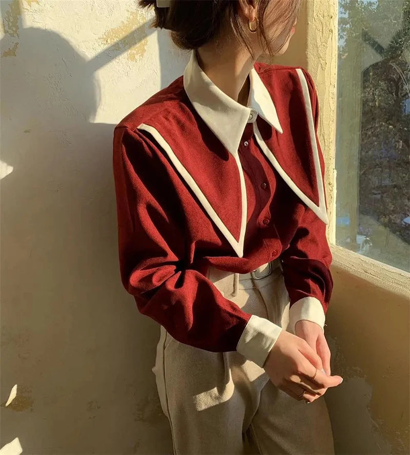 MEXZT Vintage Elegant Shirts Women Chiffon Patchwork Ruffle Turn Down Collar Long Sleeve Blouse Korean Office Lady Loose Tops Aviola