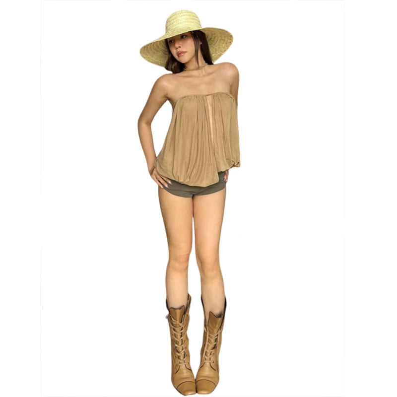 Nibber Draps Tops Women Splits Solid Wrap Sexy Slim Beach Party Strapless Vacation Simple Classic Street Midnight Hottie Outfits Aviola