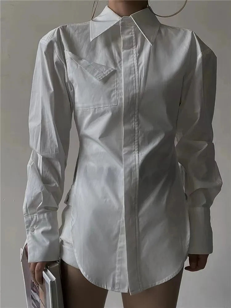 MEXZT Elegant White Shirts Women Fashion Streetwear Long Sleeve Blouses Korean Simple Pocket Button Up Ladies Design Tunic Tops Aviola